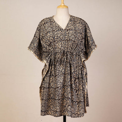 Black - Block Print Cotton Kalamkari Kaftan with Tie-Up Waist (Medium)