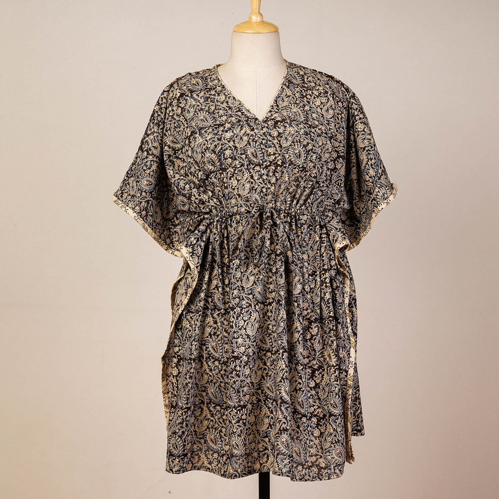 Black - Block Print Cotton Kalamkari Kaftan with Tie-Up Waist (Medium)