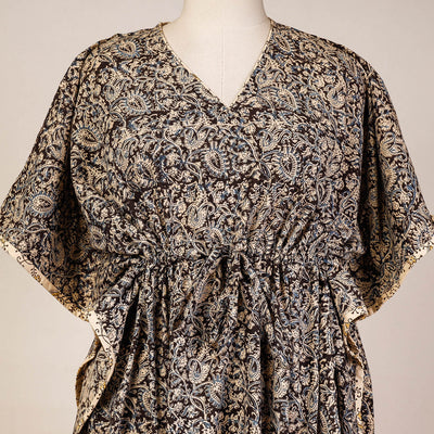 Black - Block Print Cotton Kalamkari Kaftan with Tie-Up Waist (Medium)