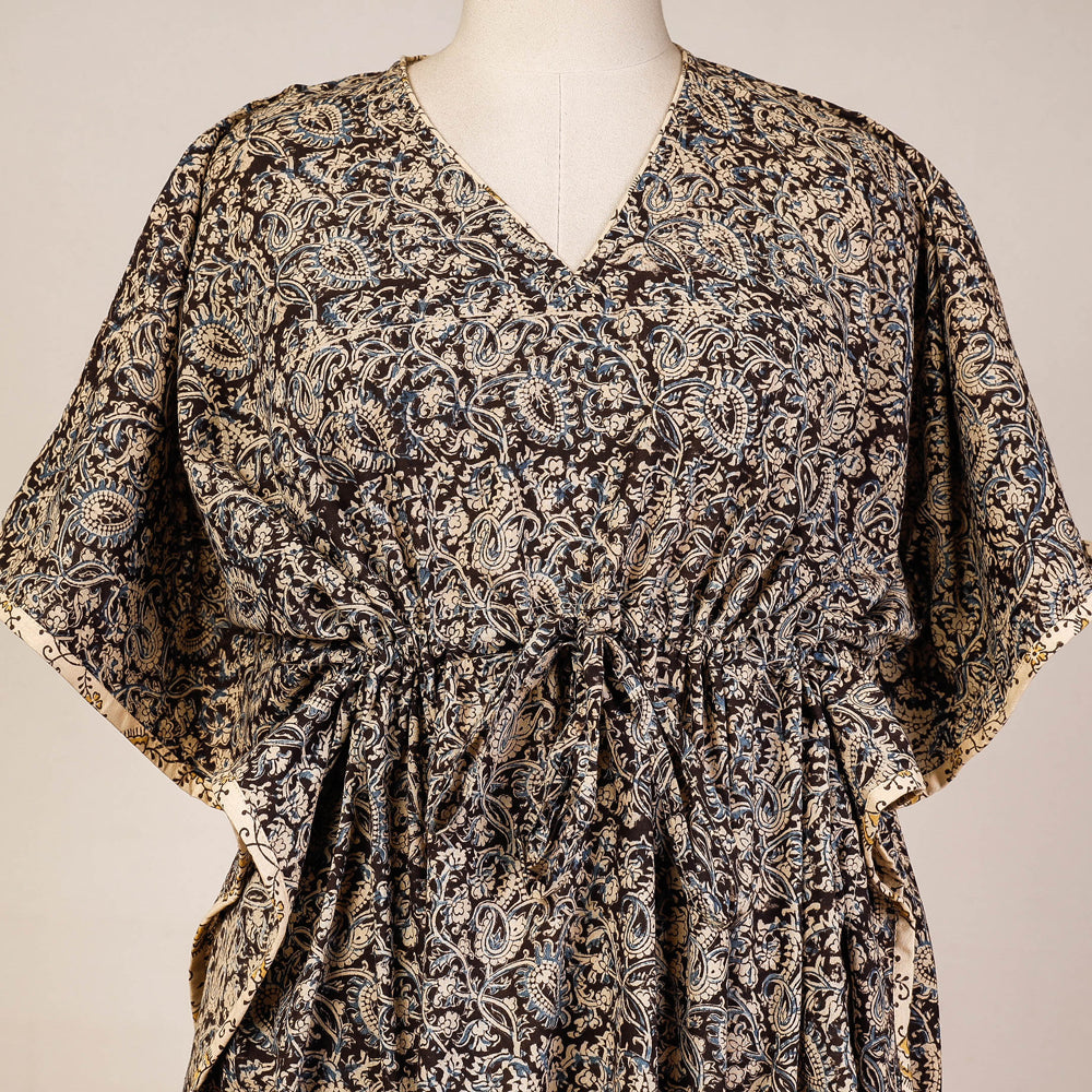 Black - Block Print Cotton Kalamkari Kaftan with Tie-Up Waist (Medium)