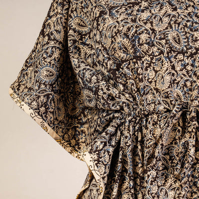 Black - Block Print Cotton Kalamkari Kaftan with Tie-Up Waist (Medium)