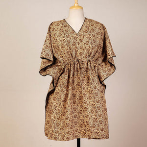 Beige - Block Print Cotton Kalamkari Kaftan with Tie-Up Waist (Medium)
