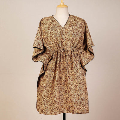 Beige - Block Print Cotton Kalamkari Kaftan with Tie-Up Waist (Medium)