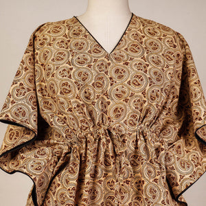 Beige - Block Print Cotton Kalamkari Kaftan with Tie-Up Waist (Medium)