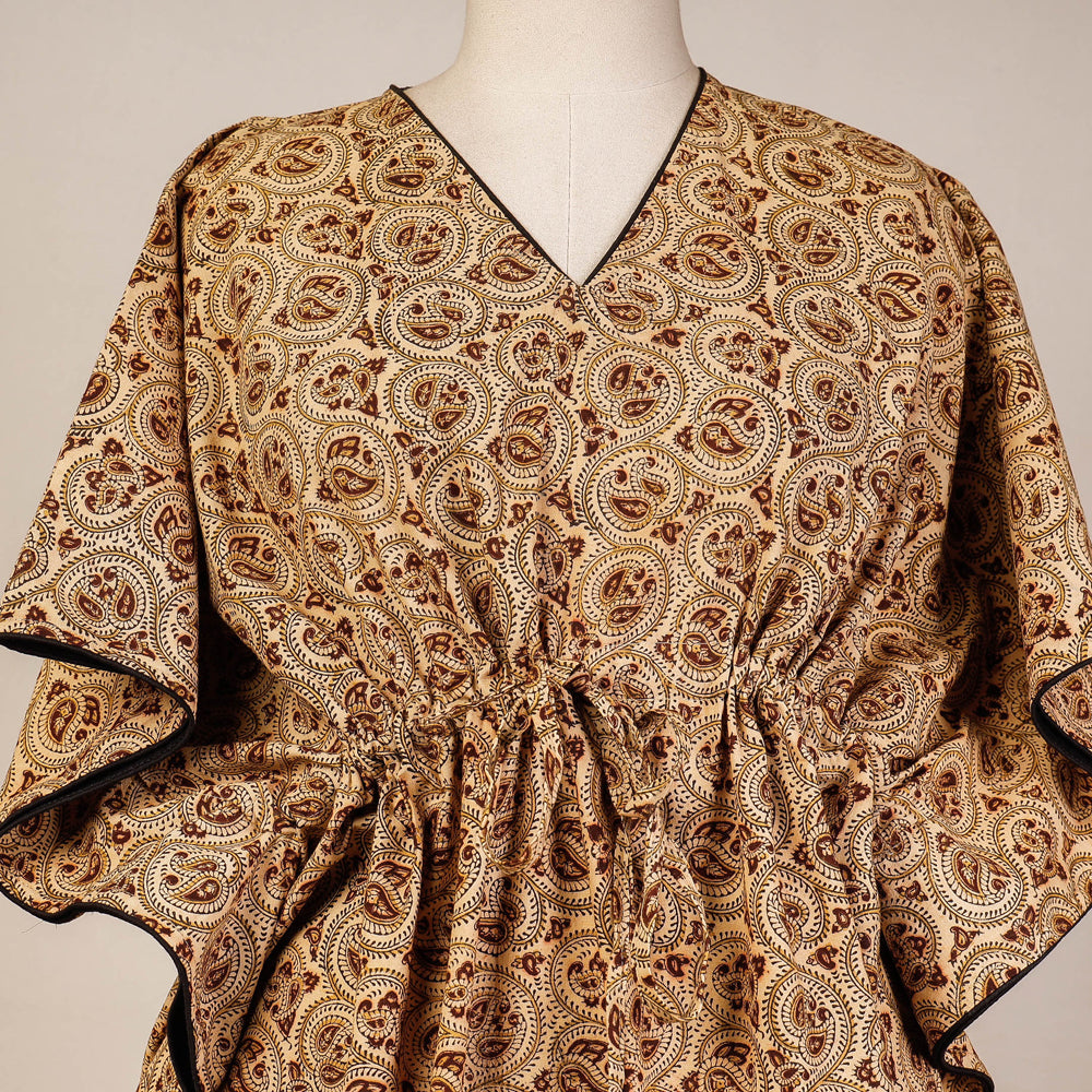Beige - Block Print Cotton Kalamkari Kaftan with Tie-Up Waist (Medium)