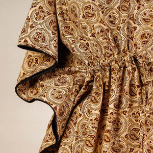 Beige - Block Print Cotton Kalamkari Kaftan with Tie-Up Waist (Medium)