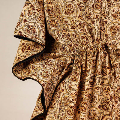 Beige - Block Print Cotton Kalamkari Kaftan with Tie-Up Waist (Medium)