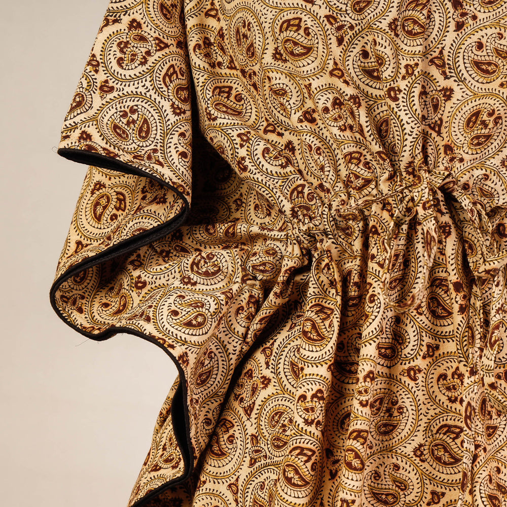 Beige - Block Print Cotton Kalamkari Kaftan with Tie-Up Waist (Medium)
