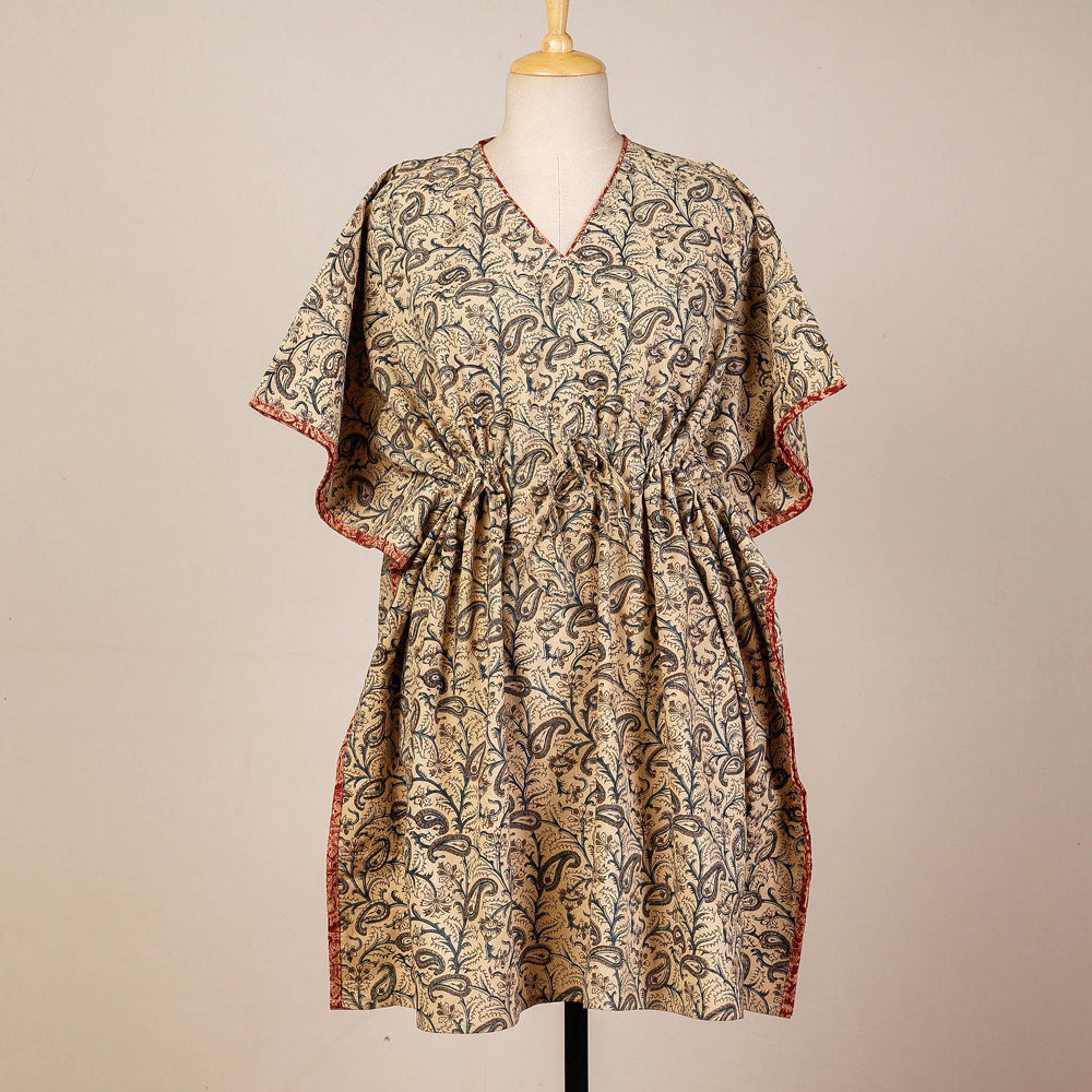 Beige - Block Print Cotton Kalamkari Kaftan with Tie-Up Waist (Medium)