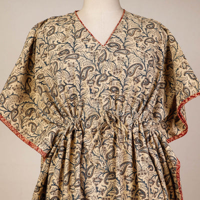 Beige - Block Print Cotton Kalamkari Kaftan with Tie-Up Waist (Medium)