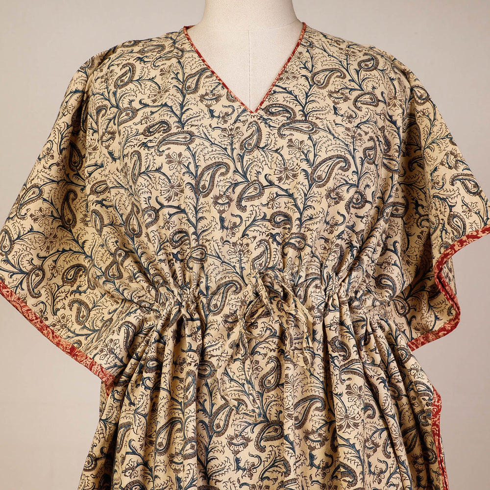 Beige - Block Print Cotton Kalamkari Kaftan with Tie-Up Waist (Medium)