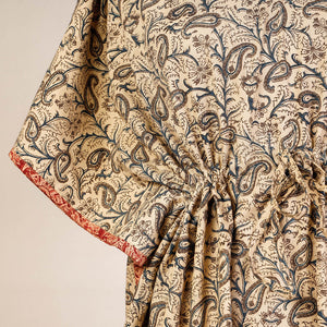 Beige - Block Print Cotton Kalamkari Kaftan with Tie-Up Waist (Medium)