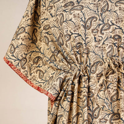 Beige - Block Print Cotton Kalamkari Kaftan with Tie-Up Waist (Medium)