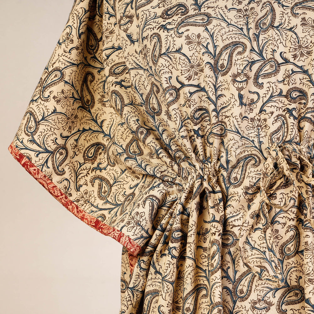 Beige - Block Print Cotton Kalamkari Kaftan with Tie-Up Waist (Medium)