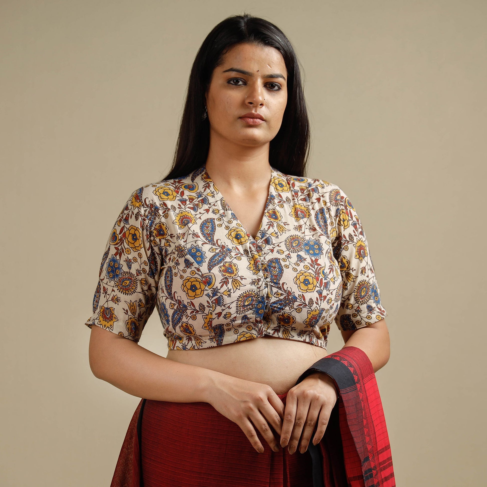 Beige - Kalamkari Printed Cotton Stitched Blouse