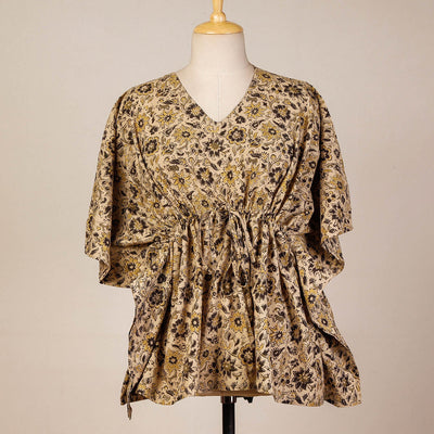 Beige - Block Print Cotton Kalamkari Kaftan with Tie-Up Waist (Short)