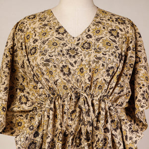 Beige - Block Print Cotton Kalamkari Kaftan with Tie-Up Waist (Short)