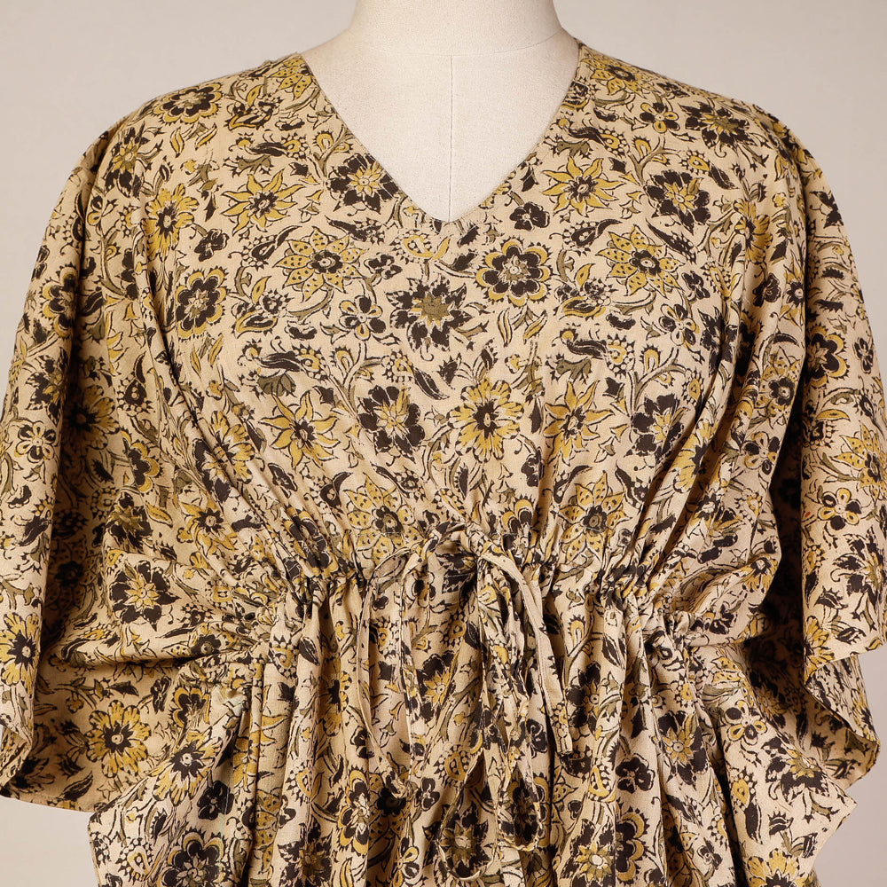 Beige - Block Print Cotton Kalamkari Kaftan with Tie-Up Waist (Short)