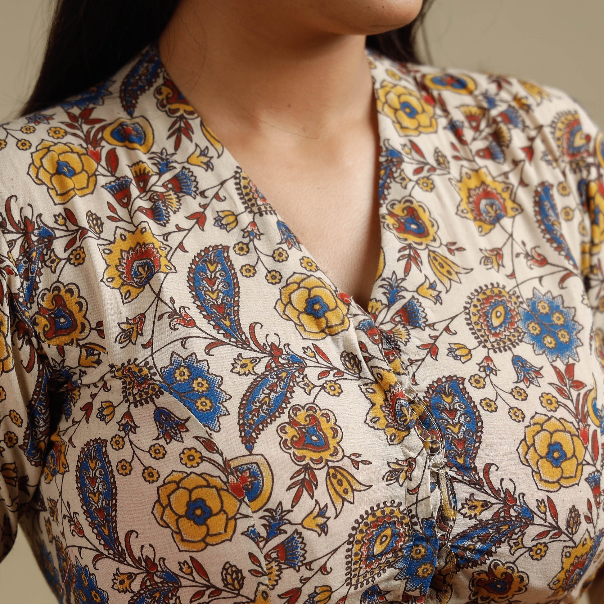Beige - Kalamkari Printed Cotton Stitched Blouse