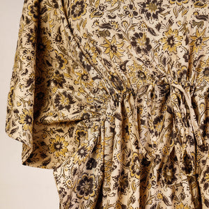 Beige - Block Print Cotton Kalamkari Kaftan with Tie-Up Waist (Short)