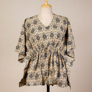 Beige - Block Print Cotton Kalamkari Kaftan with Tie-Up Waist (Short)