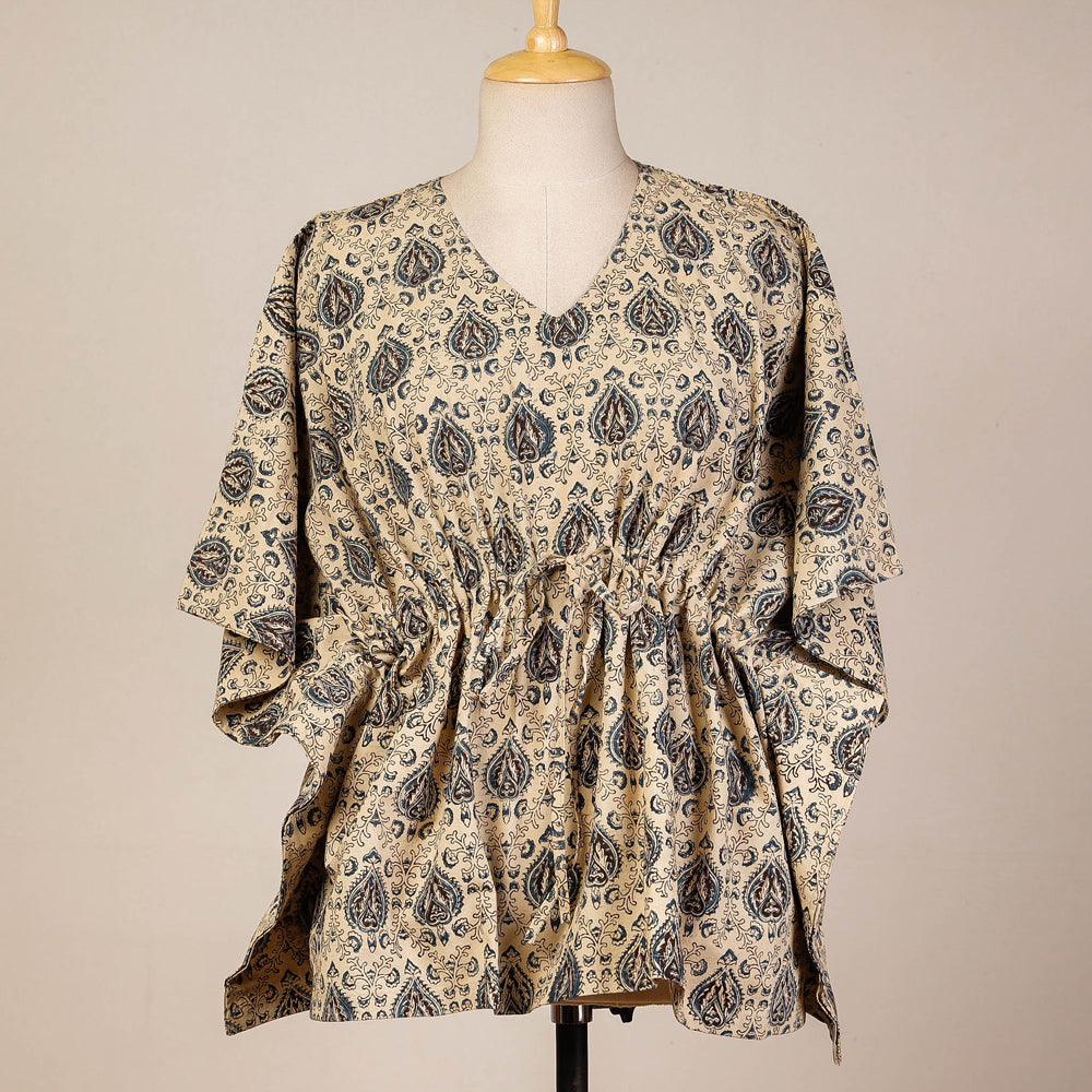 Beige - Block Print Cotton Kalamkari Kaftan with Tie-Up Waist (Short)