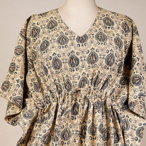 Beige - Block Print Cotton Kalamkari Kaftan with Tie-Up Waist (Short)