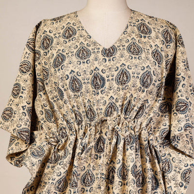 Beige - Block Print Cotton Kalamkari Kaftan with Tie-Up Waist (Short)
