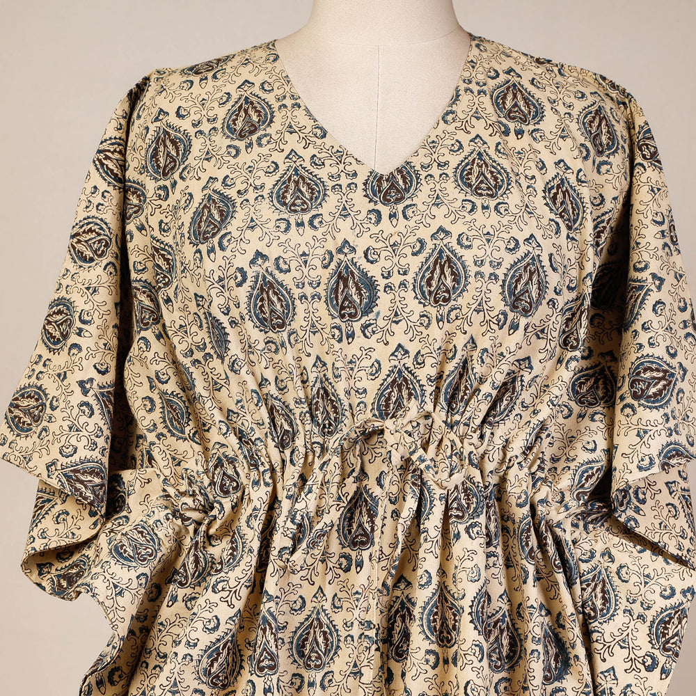Beige - Block Print Cotton Kalamkari Kaftan with Tie-Up Waist (Short)