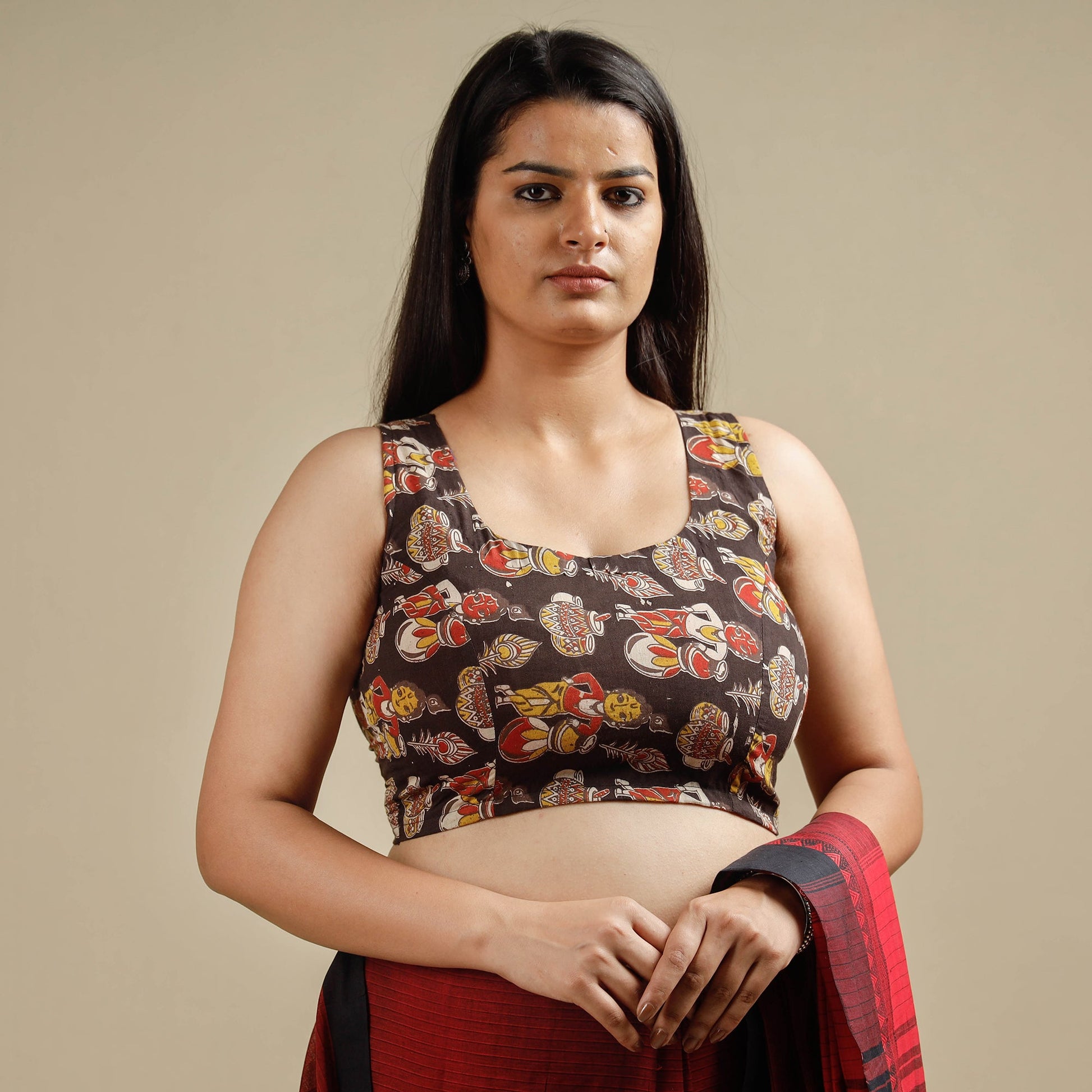 Brown - Kalamkari Printed Cotton Stitched Blouse