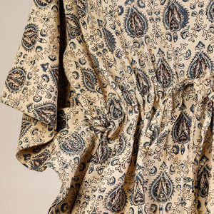 Beige - Block Print Cotton Kalamkari Kaftan with Tie-Up Waist (Short)