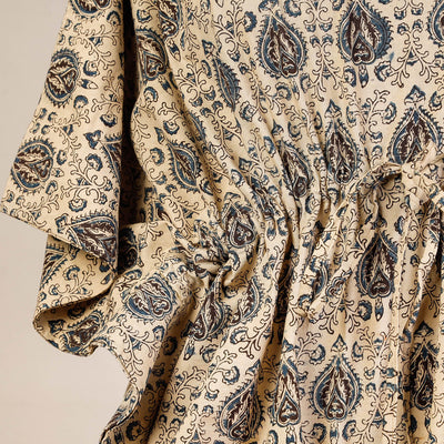 Beige - Block Print Cotton Kalamkari Kaftan with Tie-Up Waist (Short)