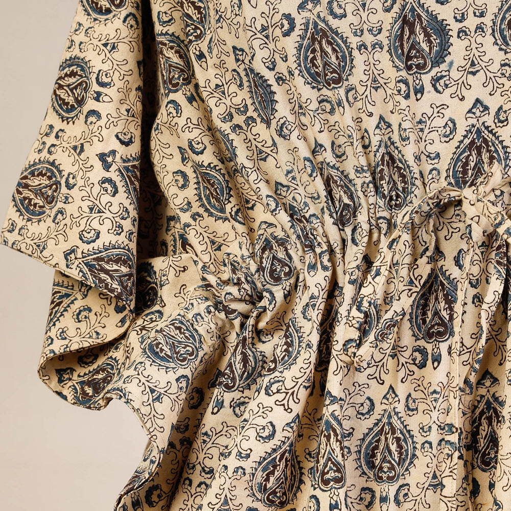 Beige - Block Print Cotton Kalamkari Kaftan with Tie-Up Waist (Short)