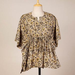 Beige - Block Print Cotton Kalamkari Kaftan with Tie-Up Waist (Short)