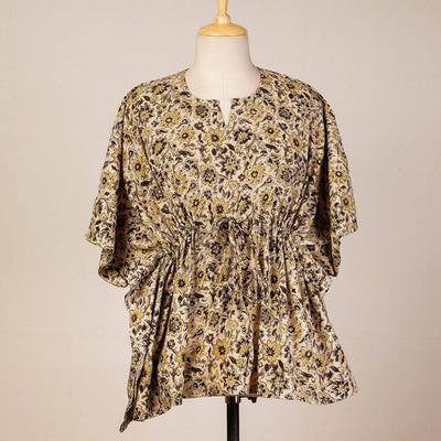Beige - Block Print Cotton Kalamkari Kaftan with Tie-Up Waist (Short)