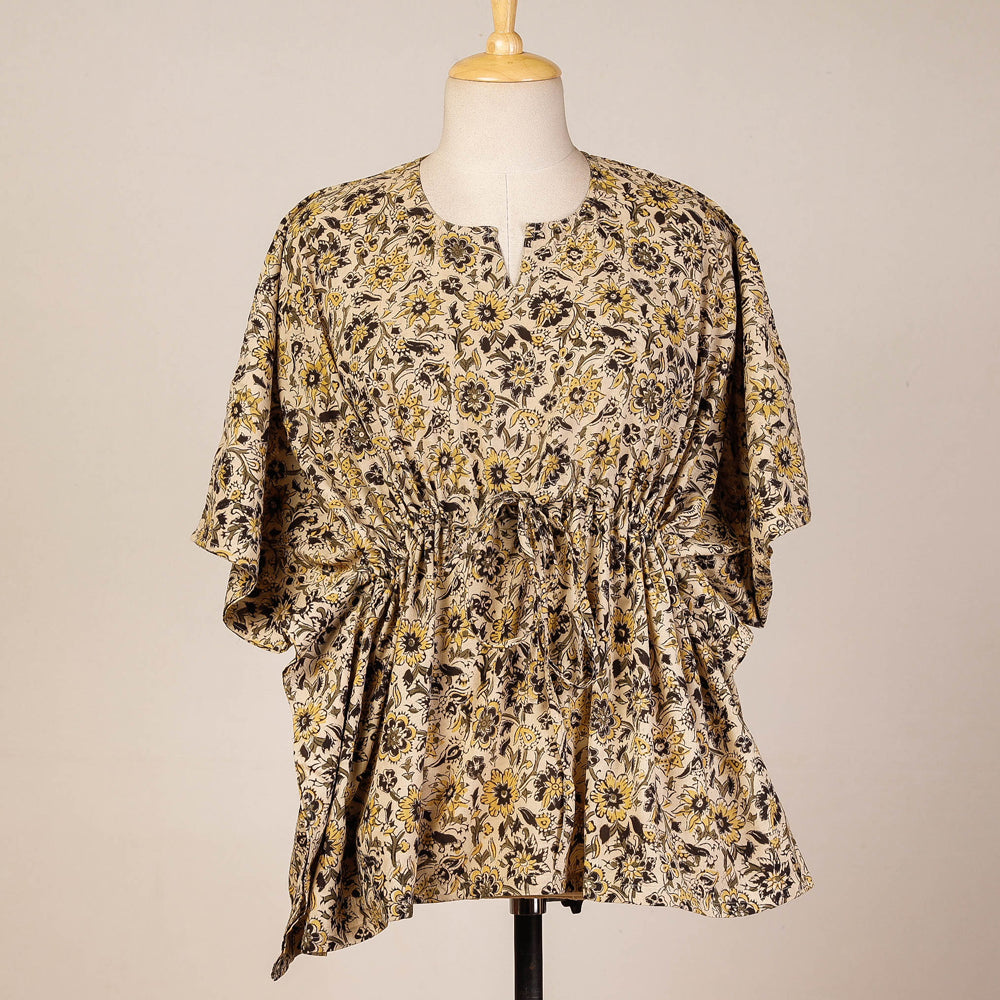 Beige - Block Print Cotton Kalamkari Kaftan with Tie-Up Waist (Short)