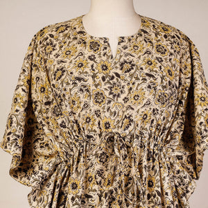 Beige - Block Print Cotton Kalamkari Kaftan with Tie-Up Waist (Short)