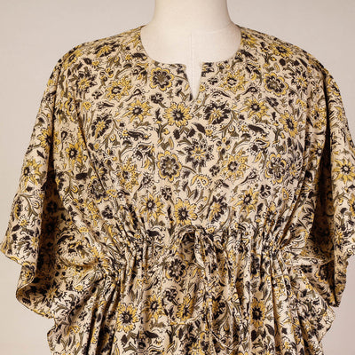 Beige - Block Print Cotton Kalamkari Kaftan with Tie-Up Waist (Short)
