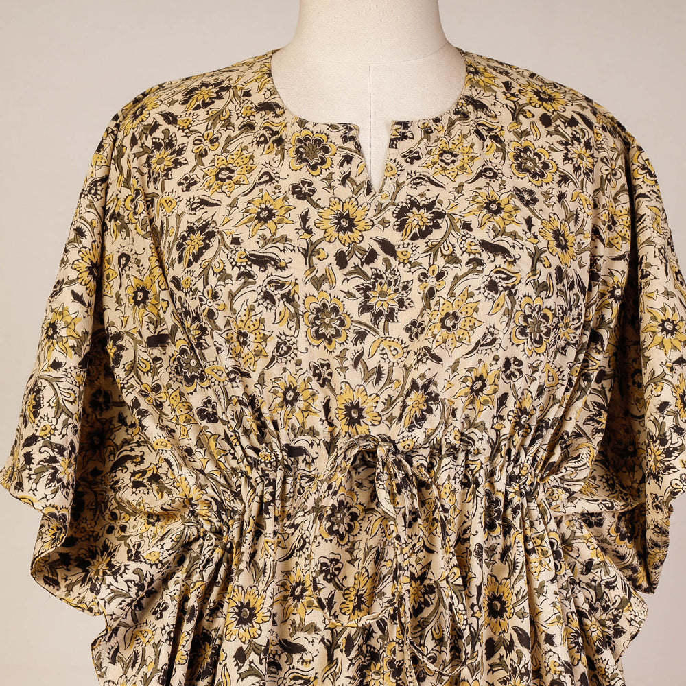 Beige - Block Print Cotton Kalamkari Kaftan with Tie-Up Waist (Short)