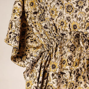 Beige - Block Print Cotton Kalamkari Kaftan with Tie-Up Waist (Short)