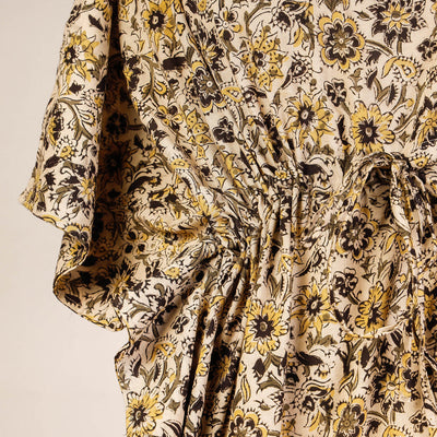 Beige - Block Print Cotton Kalamkari Kaftan with Tie-Up Waist (Short)