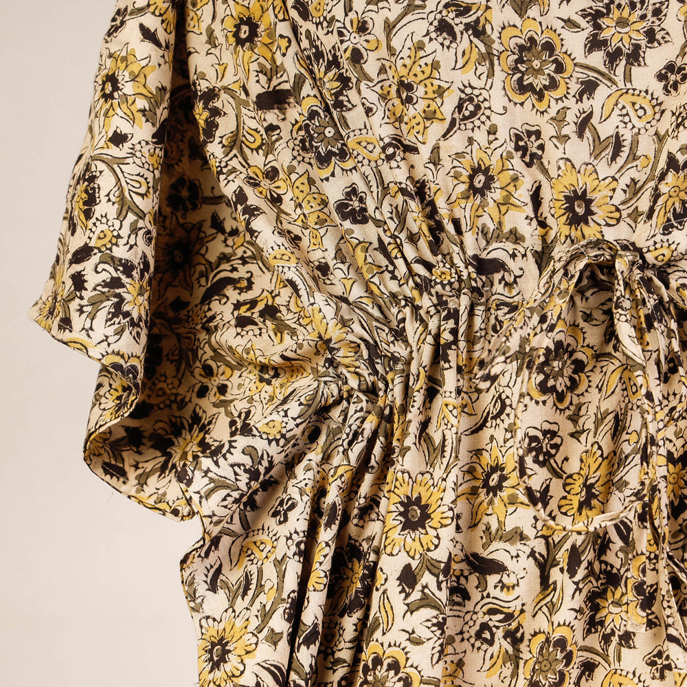 Beige - Block Print Cotton Kalamkari Kaftan with Tie-Up Waist (Short)