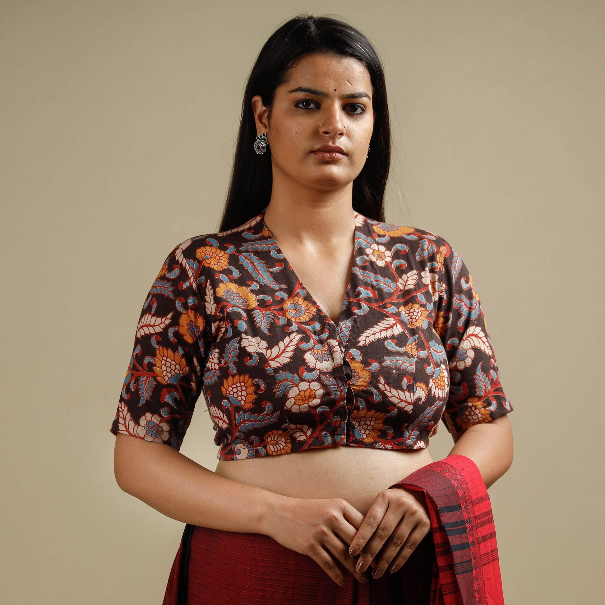 Brown - Kalamkari Printed Cotton Stitched Blouse