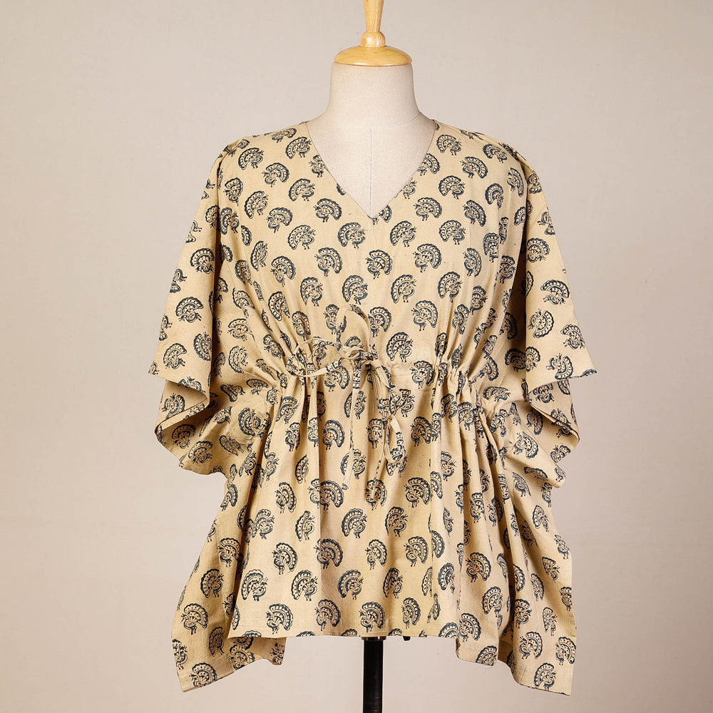 Beige - Block Print Cotton Kalamkari Kaftan with Tie-Up Waist (Short)