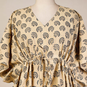 Beige - Block Print Cotton Kalamkari Kaftan with Tie-Up Waist (Short)