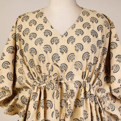 Beige - Block Print Cotton Kalamkari Kaftan with Tie-Up Waist (Short)