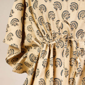 Beige - Block Print Cotton Kalamkari Kaftan with Tie-Up Waist (Short)