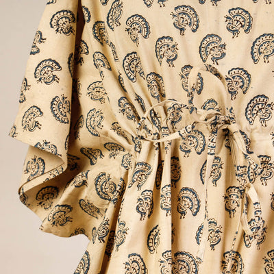 Beige - Block Print Cotton Kalamkari Kaftan with Tie-Up Waist (Short)