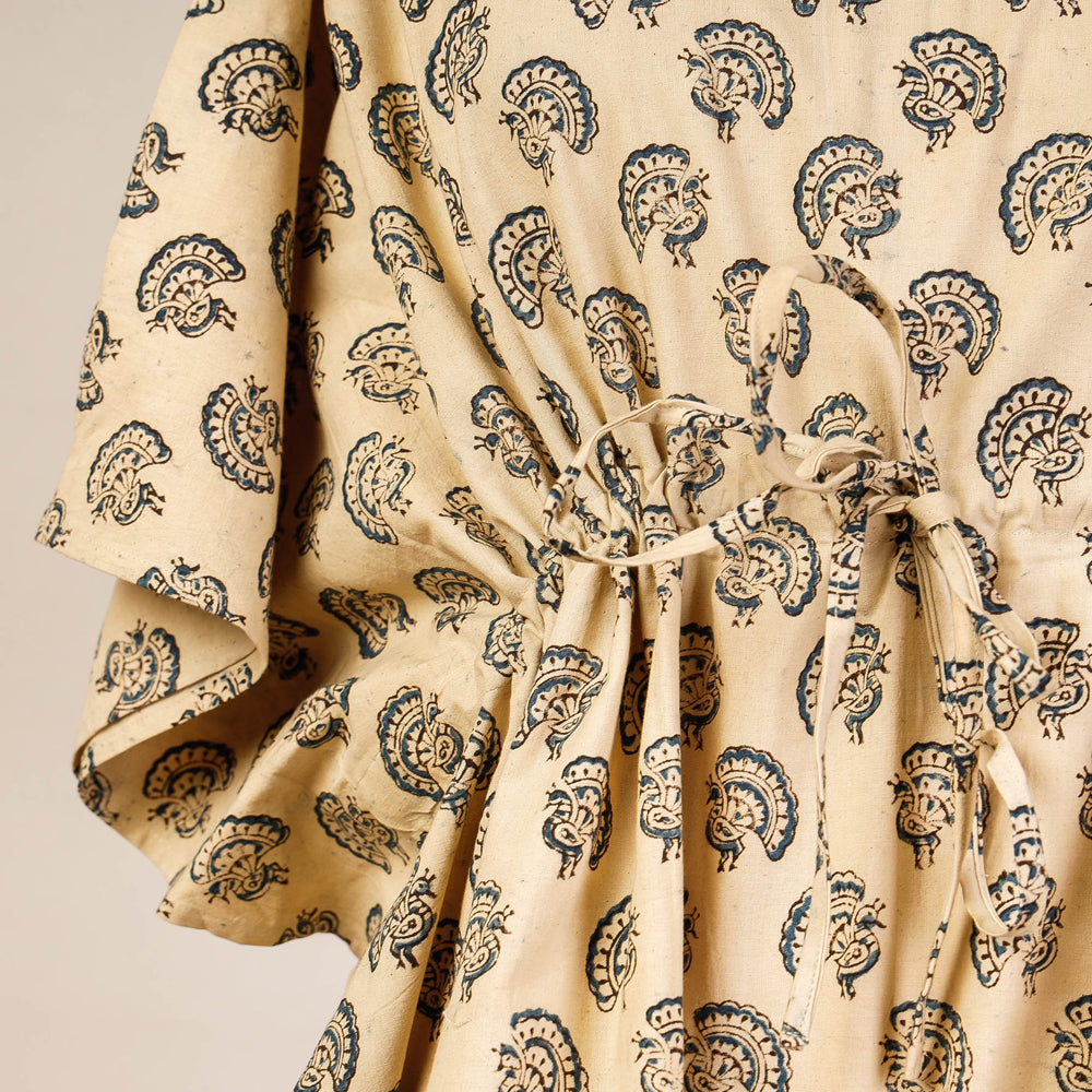 Beige - Block Print Cotton Kalamkari Kaftan with Tie-Up Waist (Short)