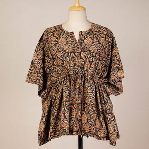 Black - Block Print Cotton Kalamkari Kaftan with Tie-Up Waist (Short)